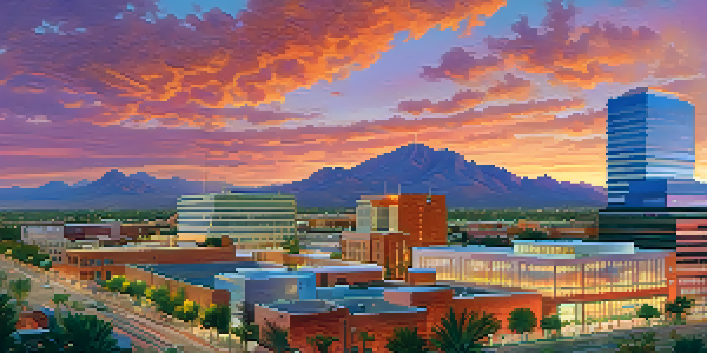 A colorful sunset over Tucson's skyline with modern and traditional buildings, people enjoying the outdoors.