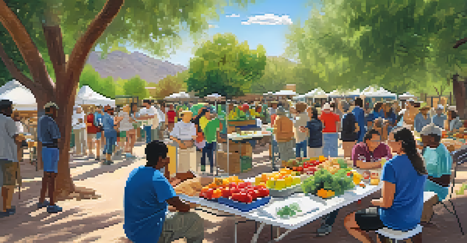 Volunteers conducting a nutrition workshop in a Tucson park, surrounded by fresh produce and engaging community members in a sunny outdoor setting.
