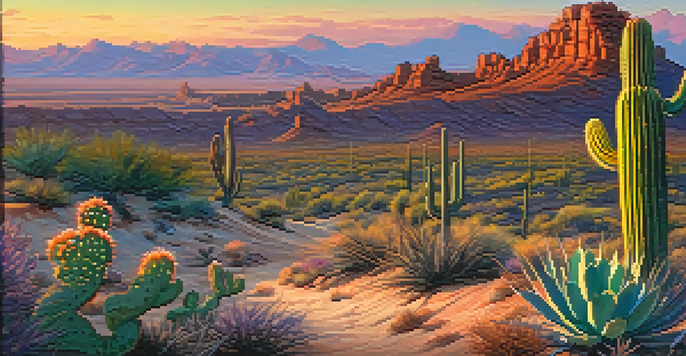 A sunset view of the Sonoran Desert with a Western Whiptail lizard on a sandy path, surrounded by cacti.