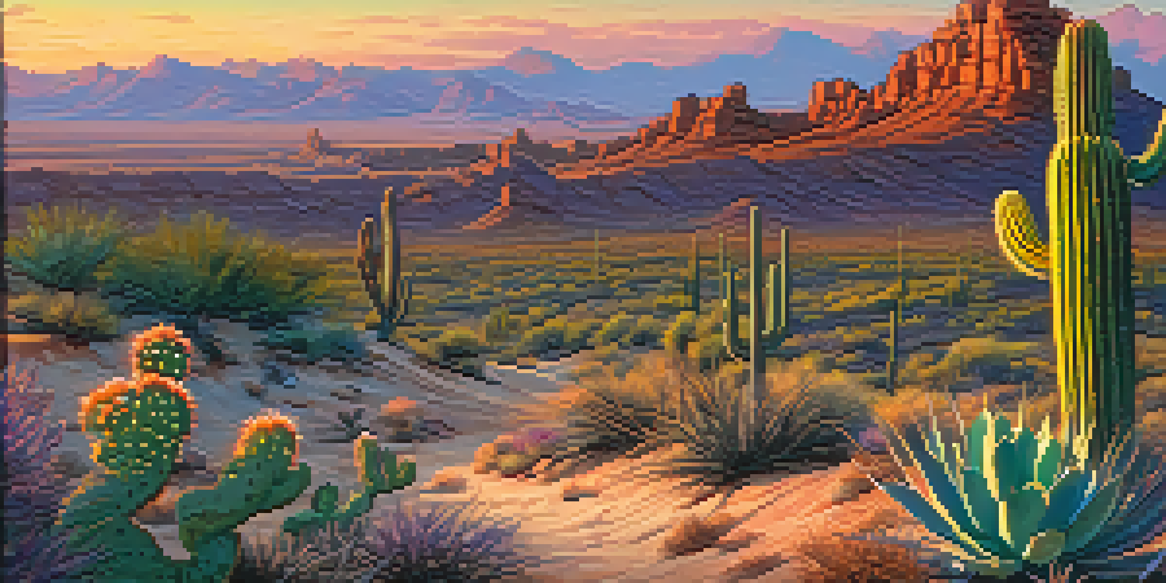 A sunset view of the Sonoran Desert with a Western Whiptail lizard on a sandy path, surrounded by cacti.