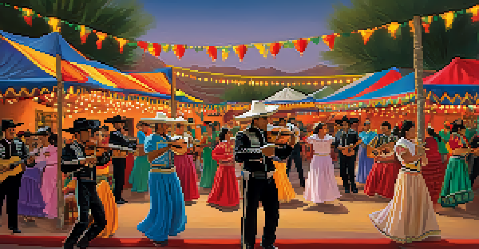 A lively cultural festival in Tucson with mariachi music, colorful decorations, and people in traditional attire enjoying the performances.