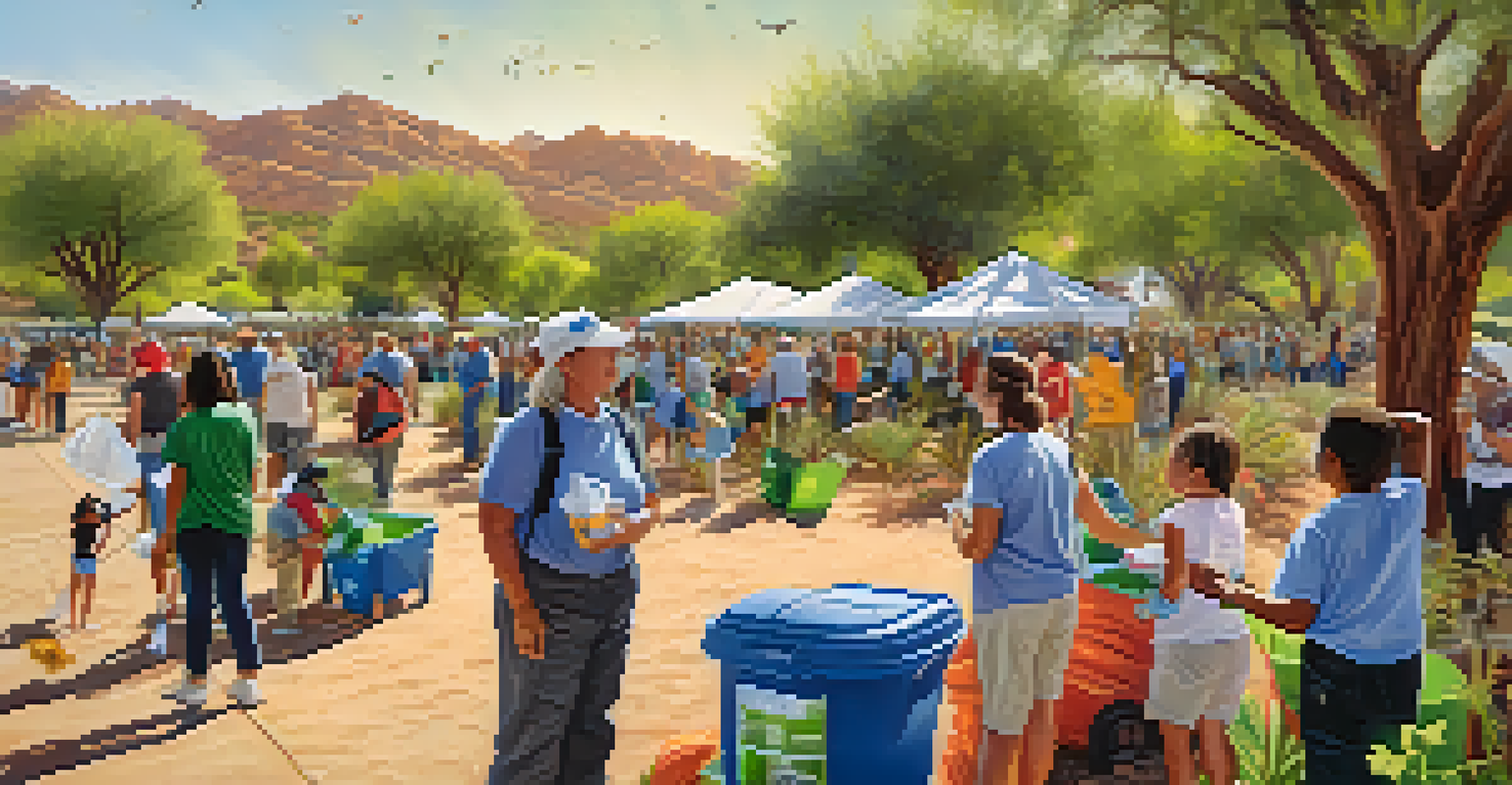Local residents actively participating in a conservation event in Tucson, cleaning up a park with desert plants around them.