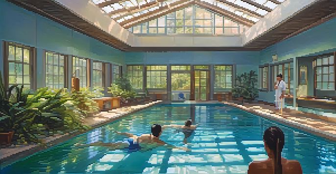 A warm-water pool with a therapist helping a patient perform exercises, surrounded by sunlight and aquatic plants.