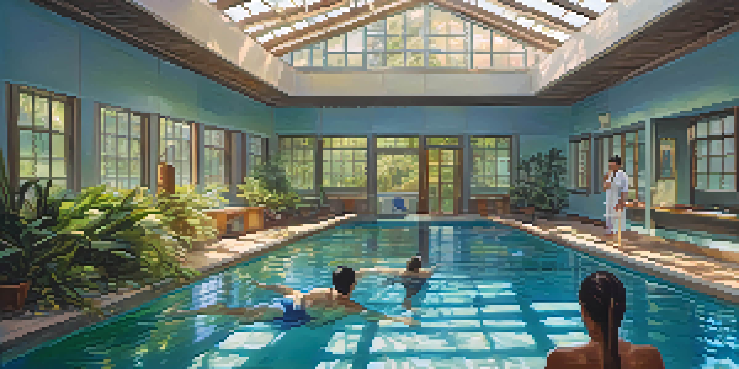 A warm-water pool with a therapist helping a patient perform exercises, surrounded by sunlight and aquatic plants.