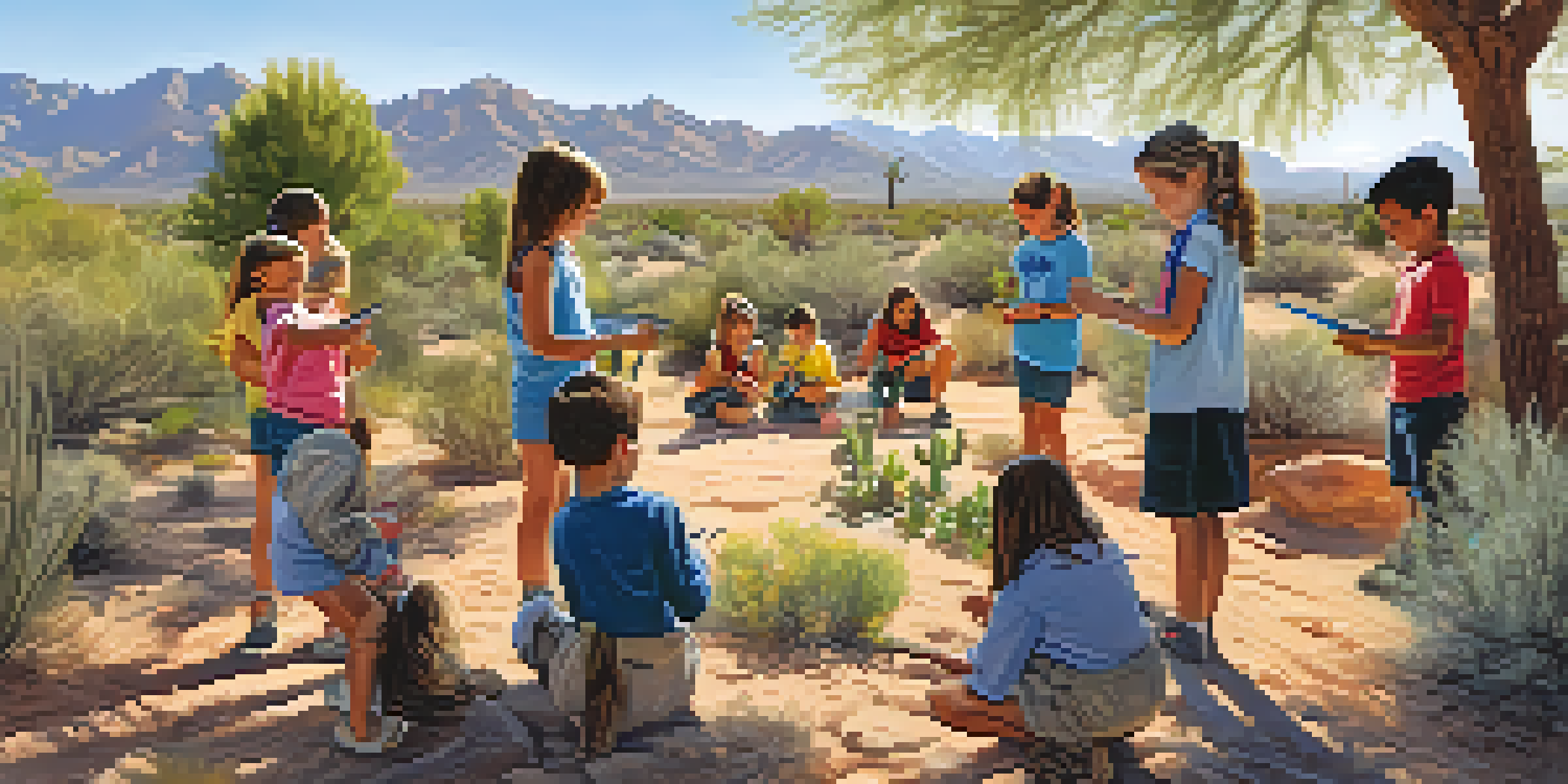 Children engaging in an outdoor environmental education workshop, planting trees and observing wildlife in a sunny Tucson backdrop.