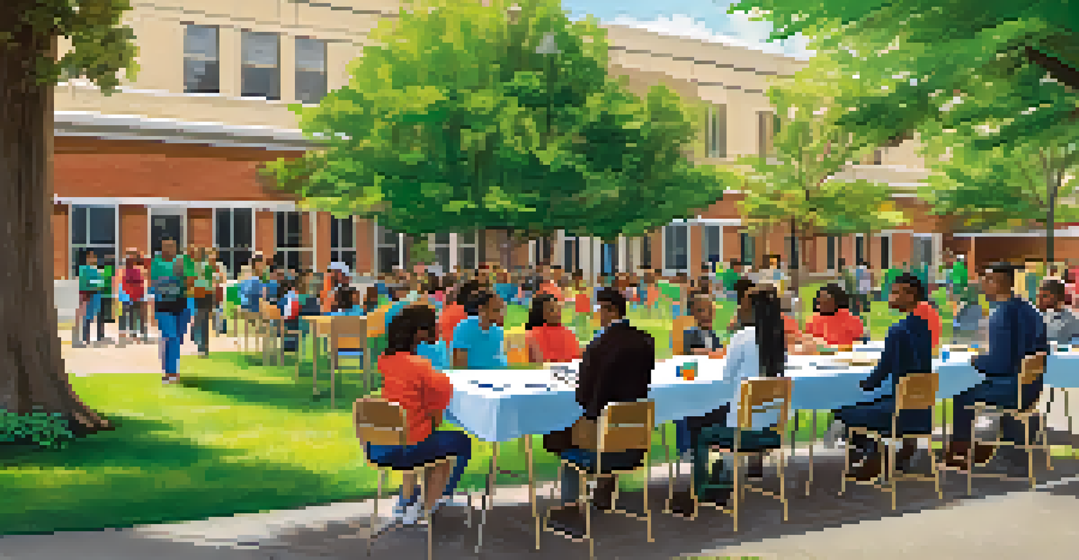 A community mentorship event outside a school with students and local professionals engaging in discussions.