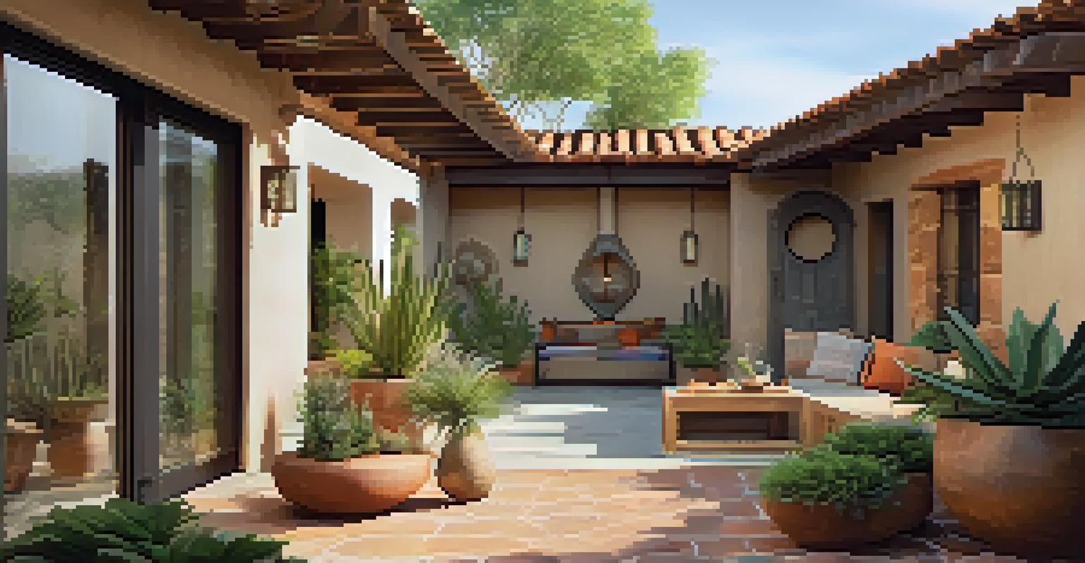 A peaceful interior courtyard of a modern adobe home with plants and seating areas.