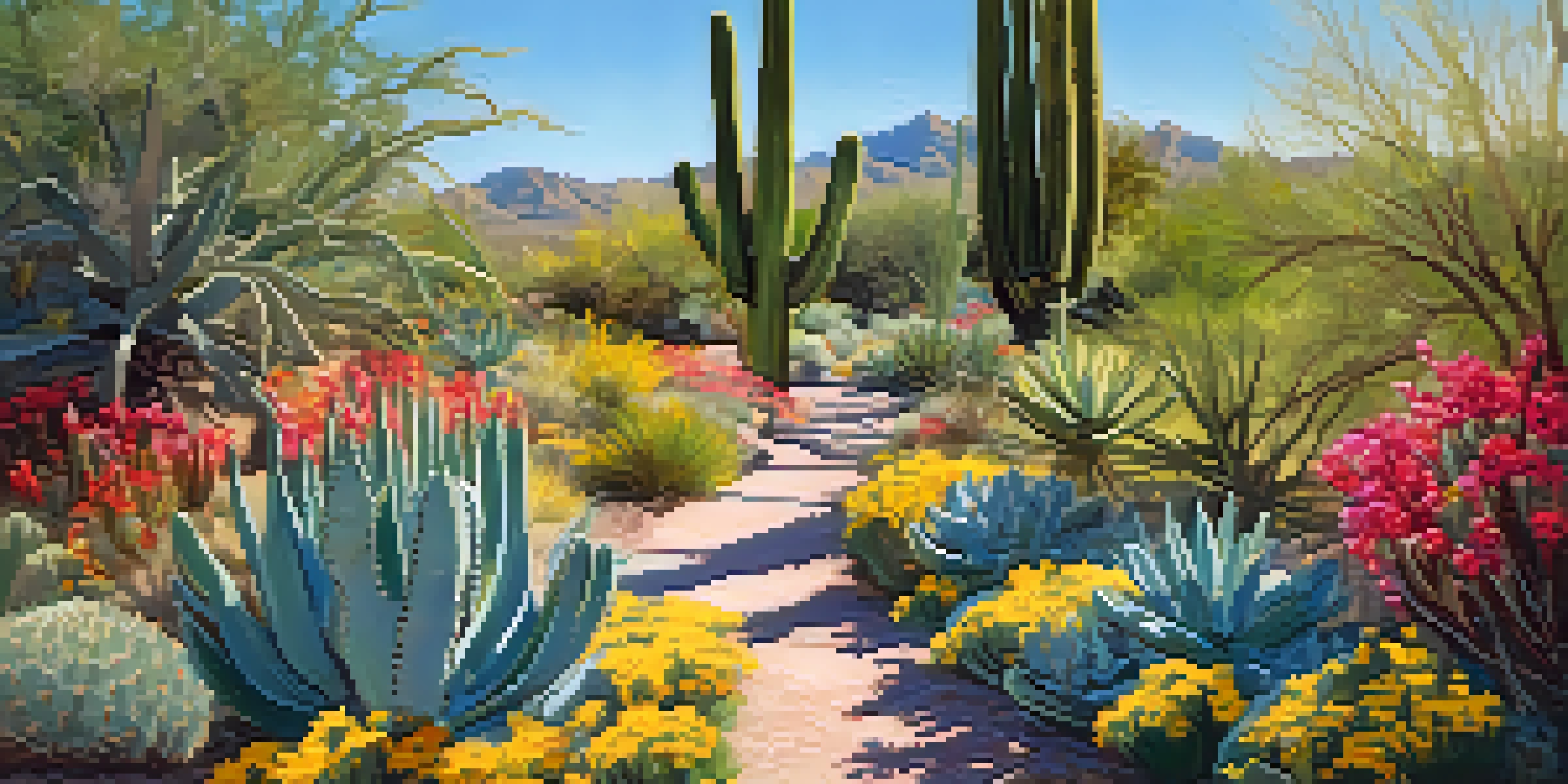 A colorful spring landscape filled with blooming wildflowers and cacti in Tucson's botanical gardens, with a winding path and sunlight creating shadows.