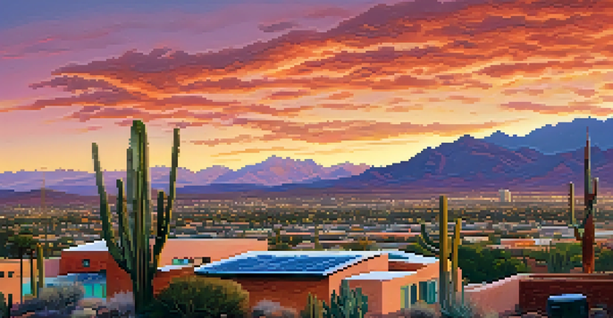 A sunset view of Tucson's skyline with colorful skies and solar panels, framed by desert plants.