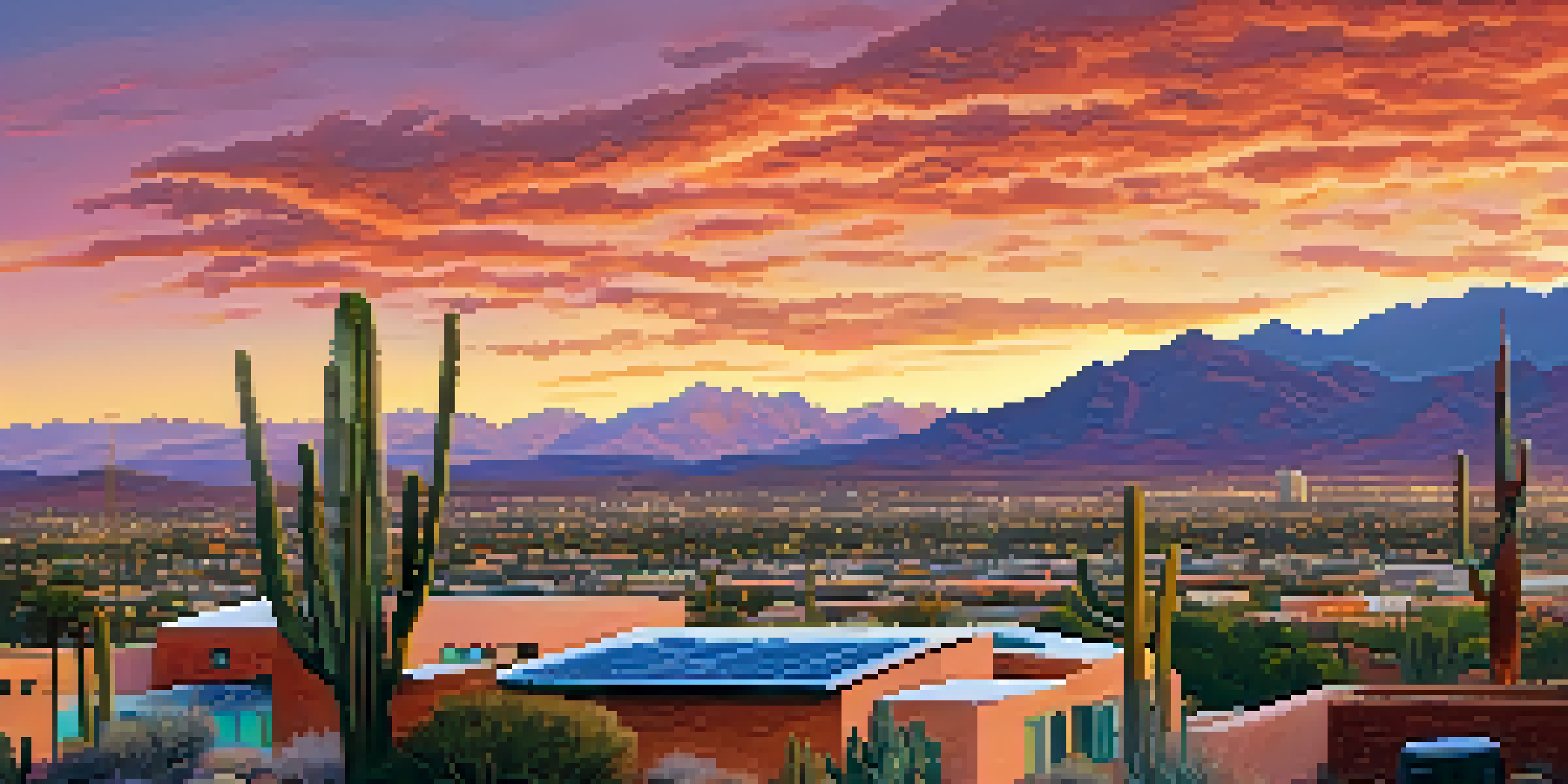 A sunset view of Tucson's skyline with colorful skies and solar panels, framed by desert plants.