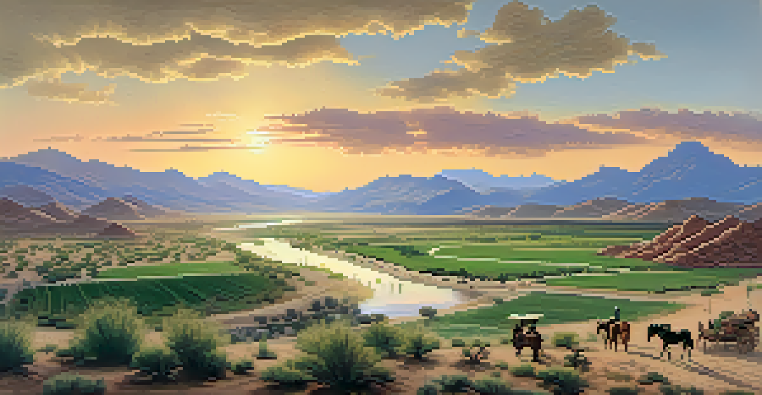 A picturesque Tucson landscape during the Spanish Era, with a river, green fields, mountains, and a caravan of horses under a sunset.