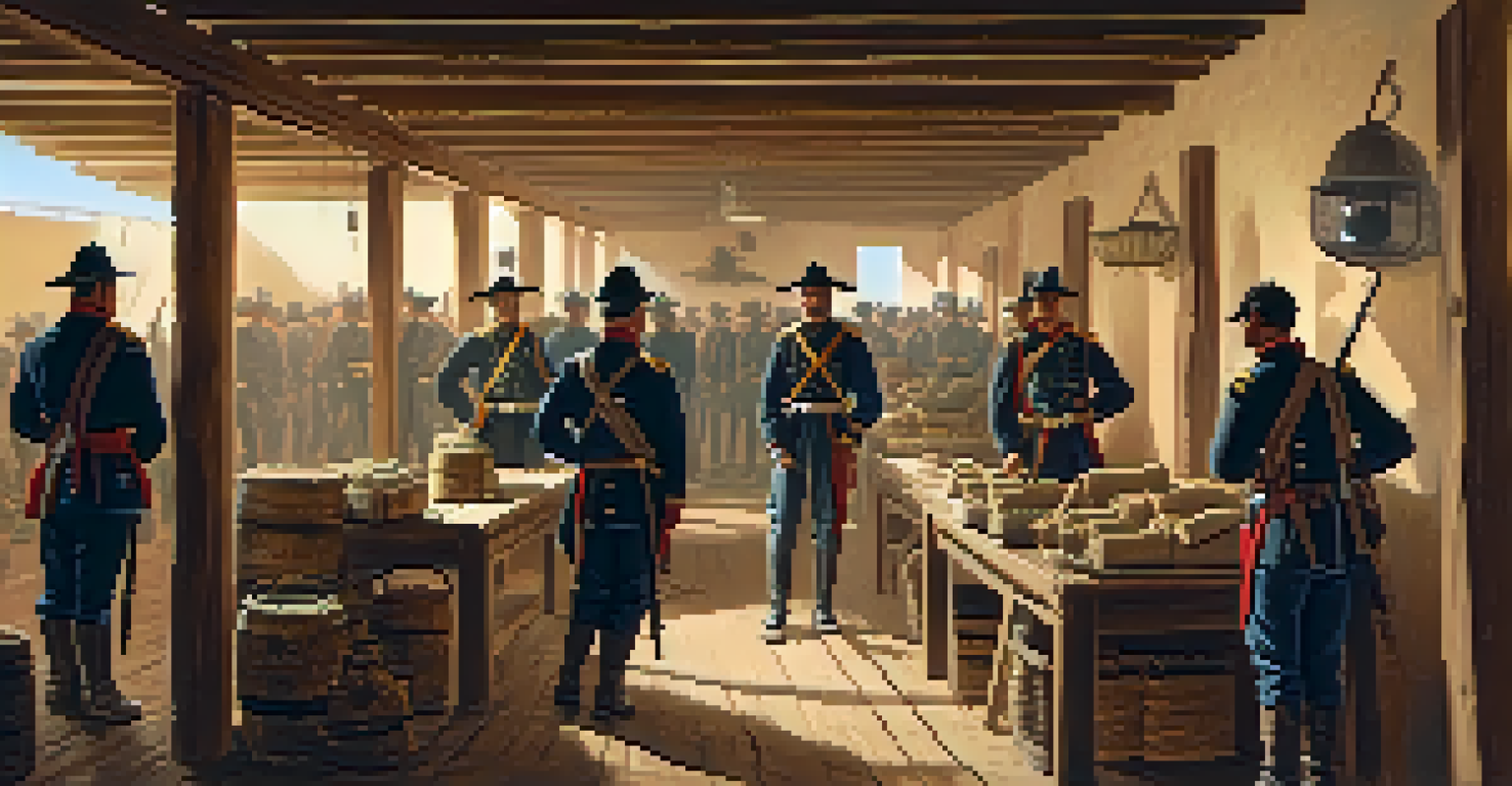 An interior of a military base in Tucson during the Mexican-American War, showing soldiers and rustic barracks.