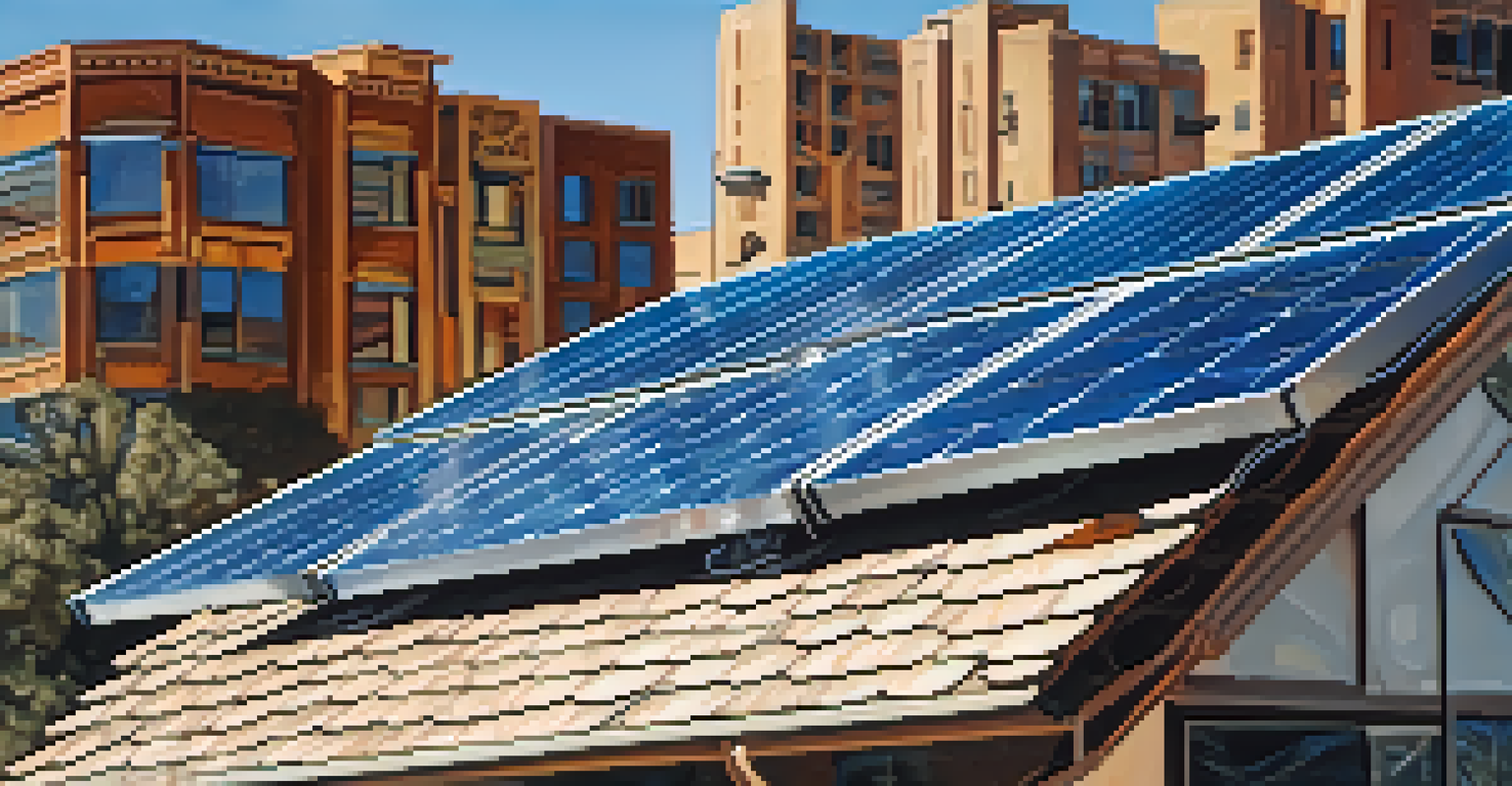A close-up view of a solar panel reflecting the blue sky, with a blurred Tucson neighborhood in the background.