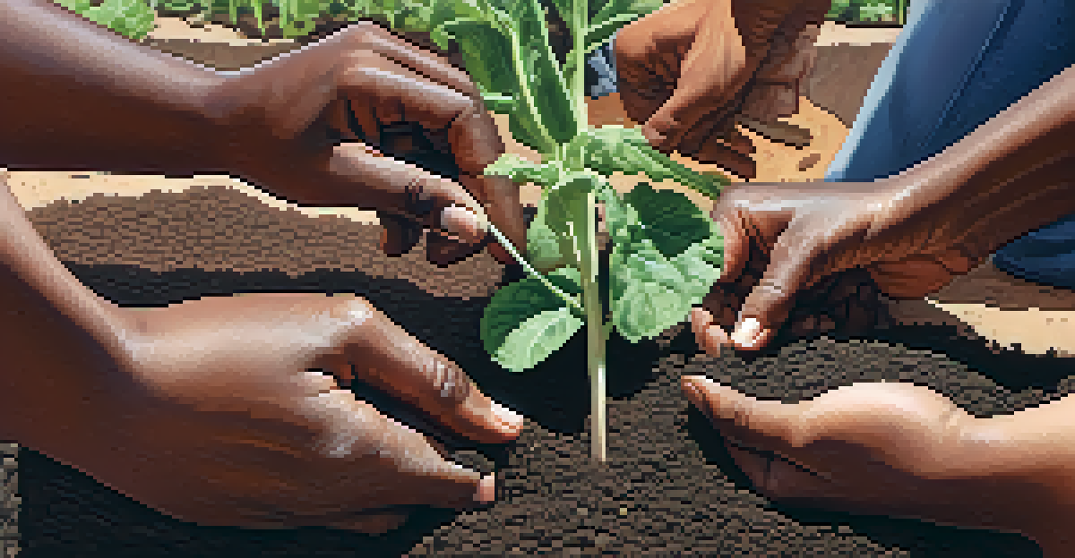 Close-up of diverse hands planting seeds in dark soil in a Tucson community garden, with seedlings in the background.