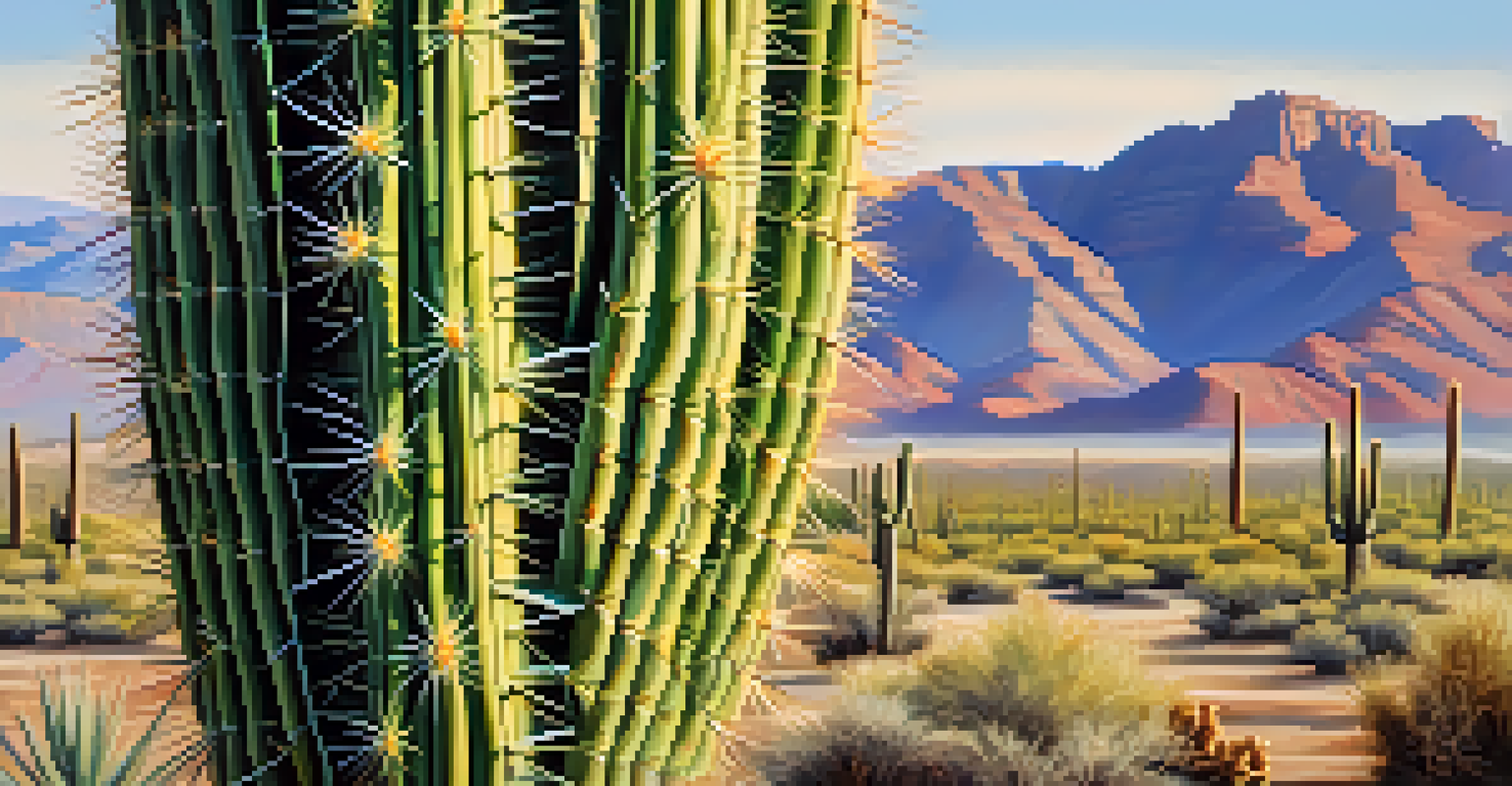 Close-up of a mature saguaro cactus showing its spines and arms.