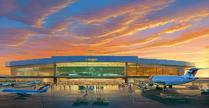 A sunset view of Tucson International Airport with travelers and planes, set against a desert landscape.