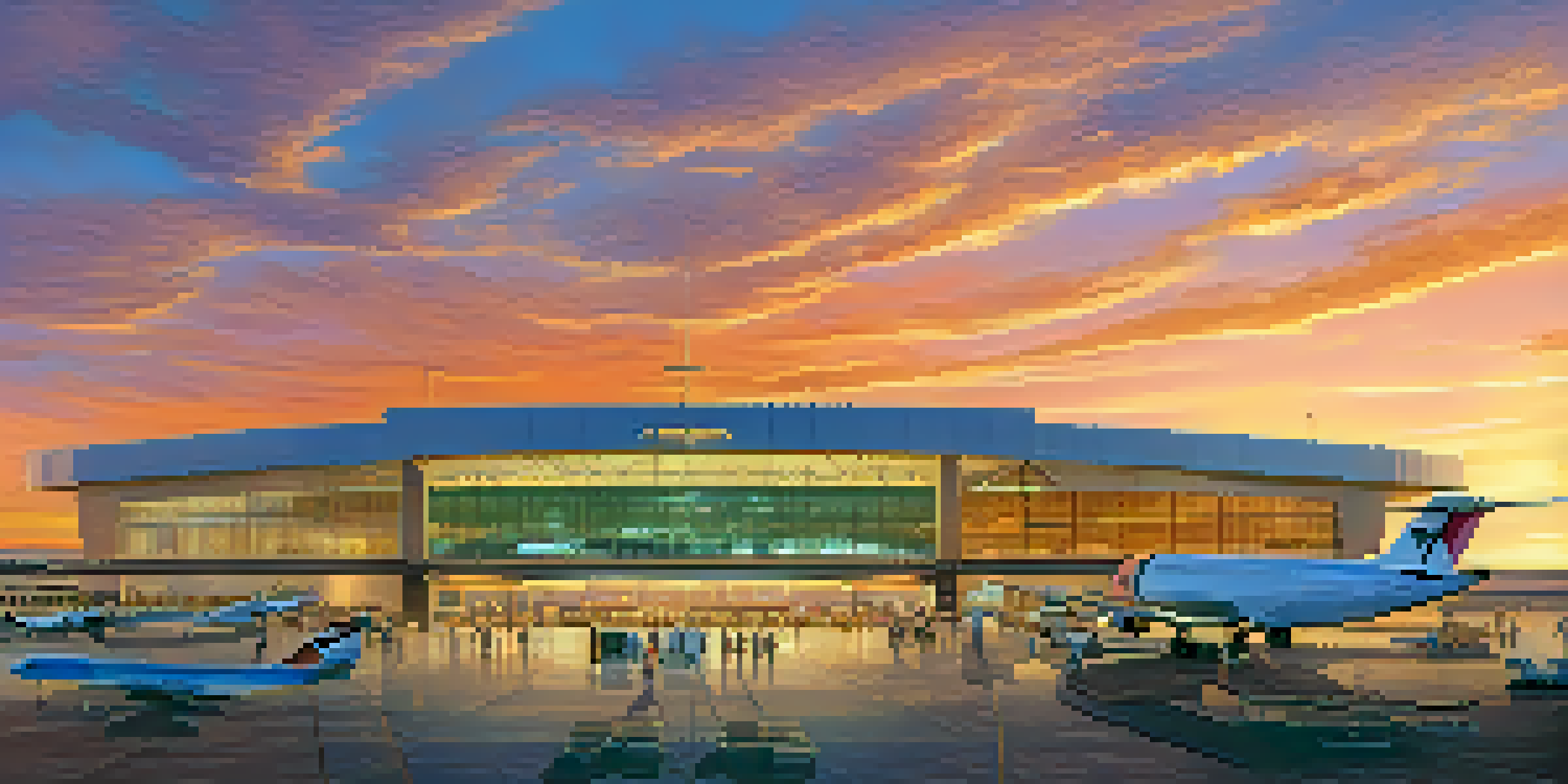 A sunset view of Tucson International Airport with travelers and planes, set against a desert landscape.