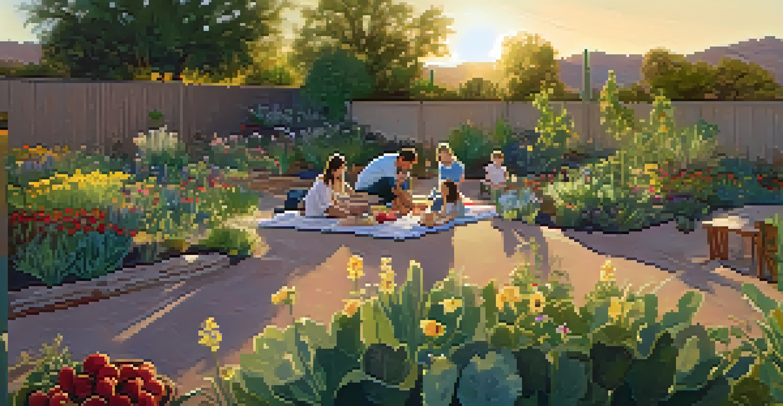 Families having a picnic in a community garden at sunset, surrounded by flowers and greenery.