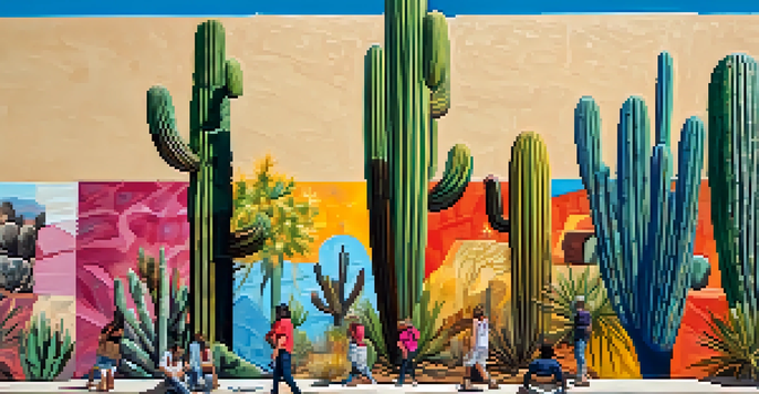 A diverse group of people interacting with colorful public art murals in Tucson, set against a sunny backdrop with cacti.