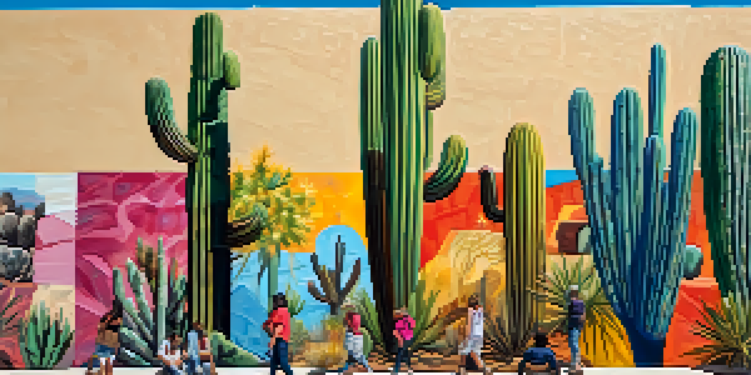 A diverse group of people interacting with colorful public art murals in Tucson, set against a sunny backdrop with cacti.