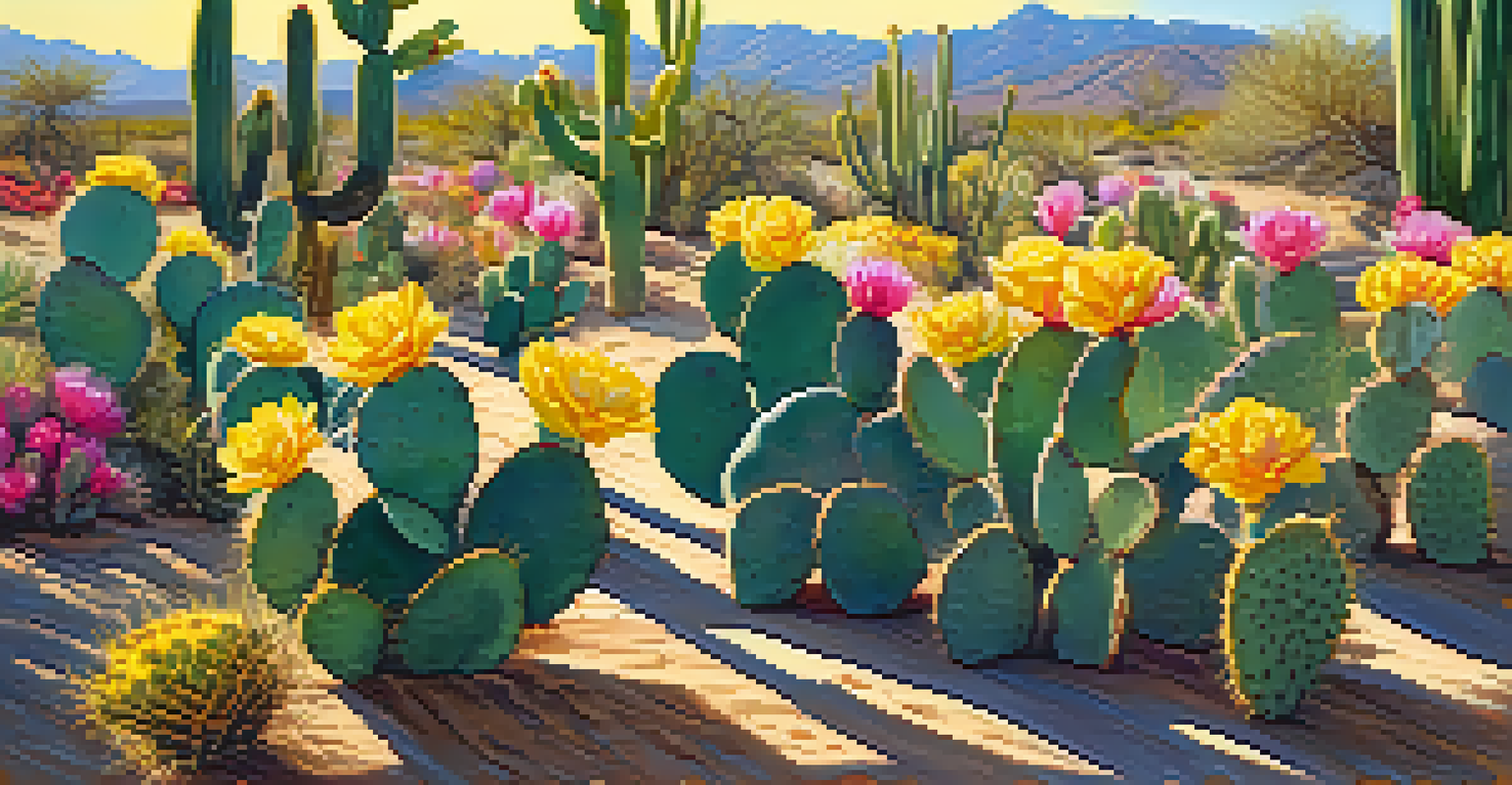 A colorful prickly pear cactus garden featuring various fruit and flowers, with sunlight creating shadows on the ground.