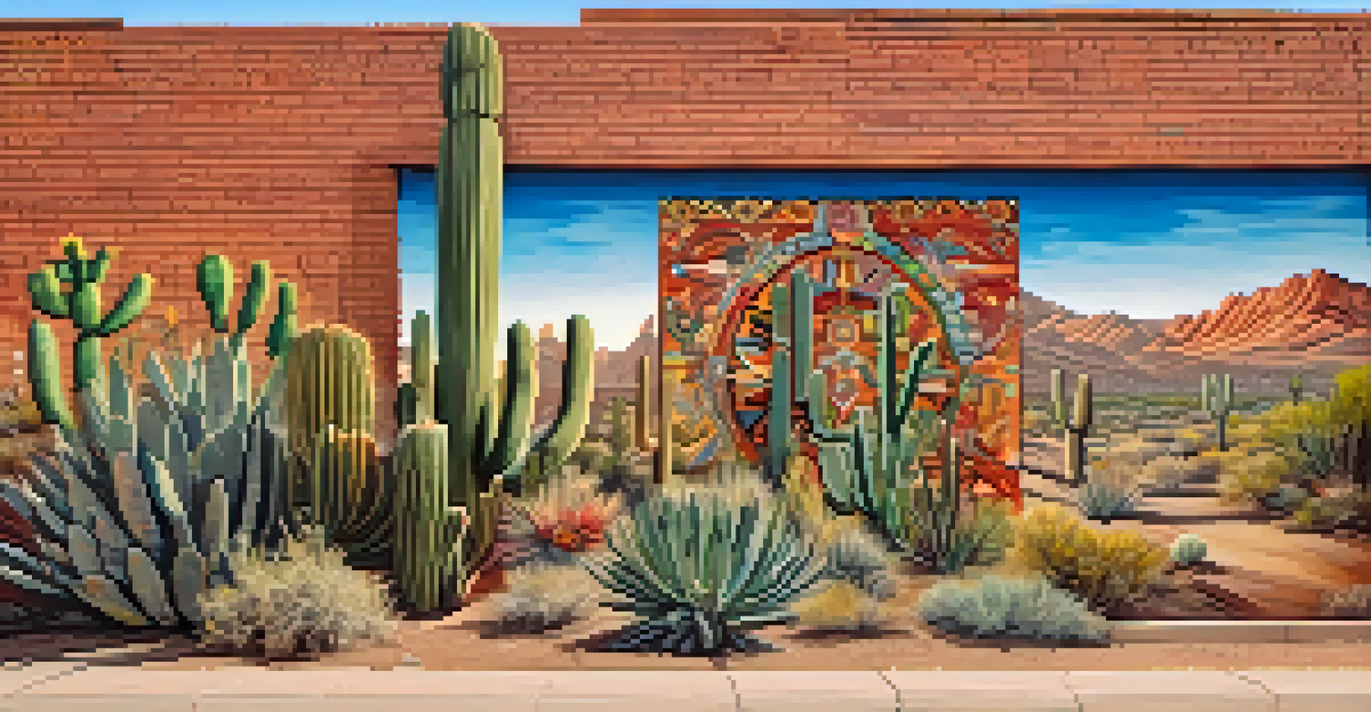A colorful mural celebrating Tucson's cultural heritage with Indigenous symbols and blooming desert flowers.
