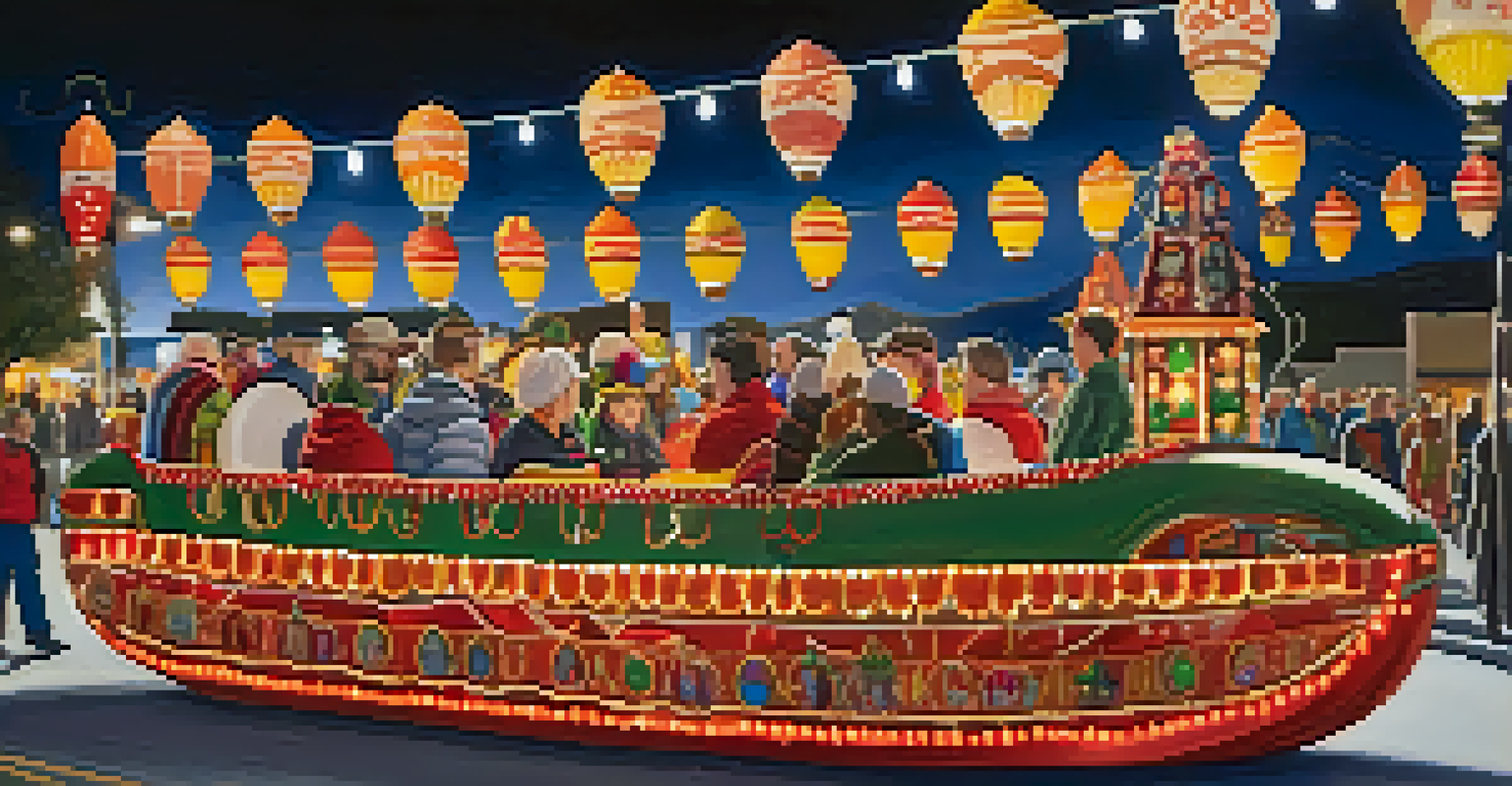 A detailed view of a colorful float decorated with lights, with fascinated spectators in the background.