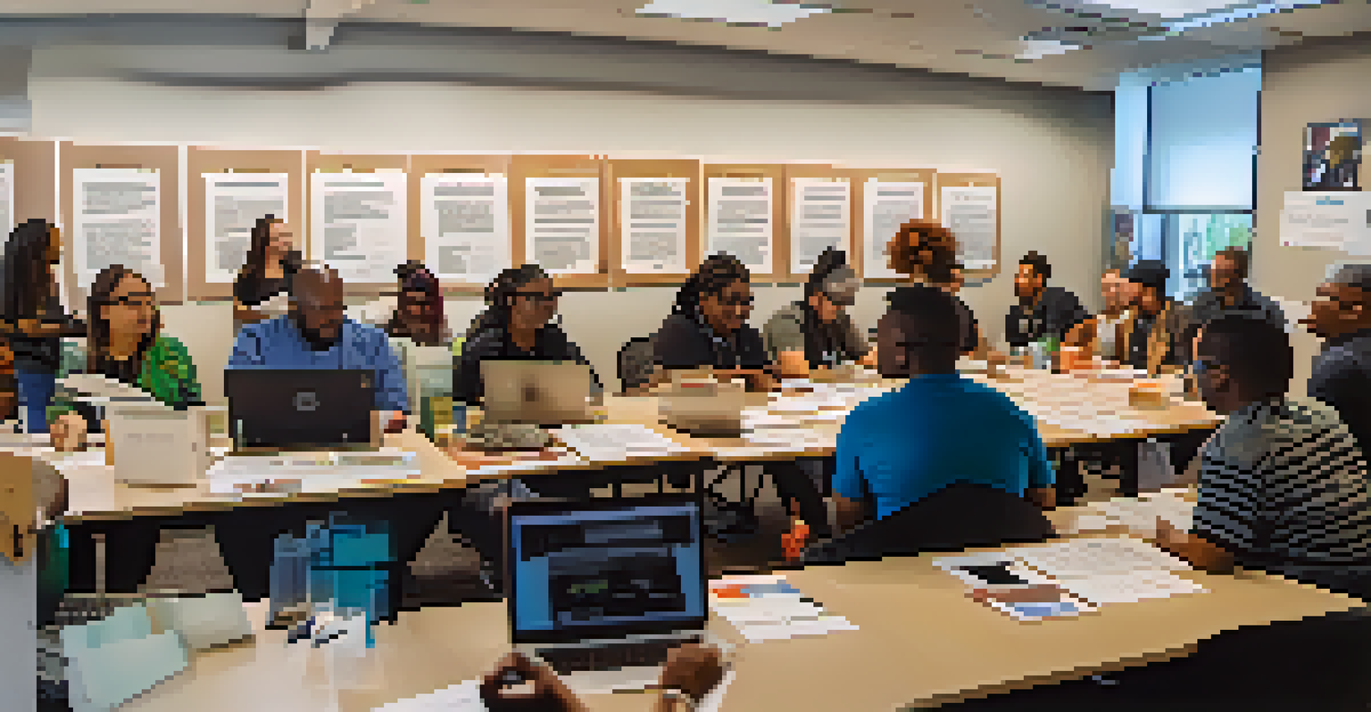 A workshop scene where artists and community leaders collaborate on grant applications, surrounded by motivational decor.