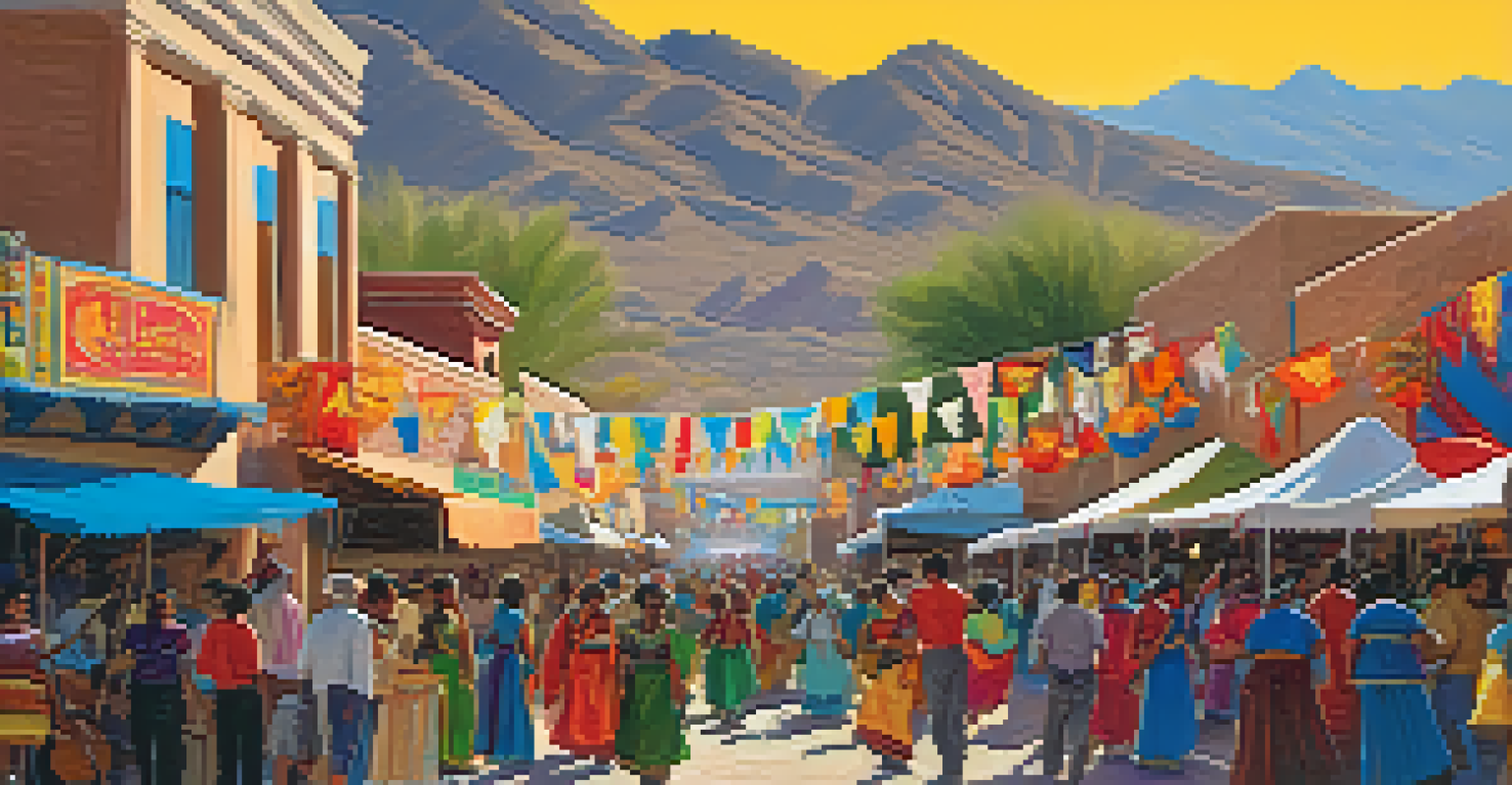 A lively cultural festival in Tucson with diverse traditional attire, food stalls, and musicians in front of historical buildings.