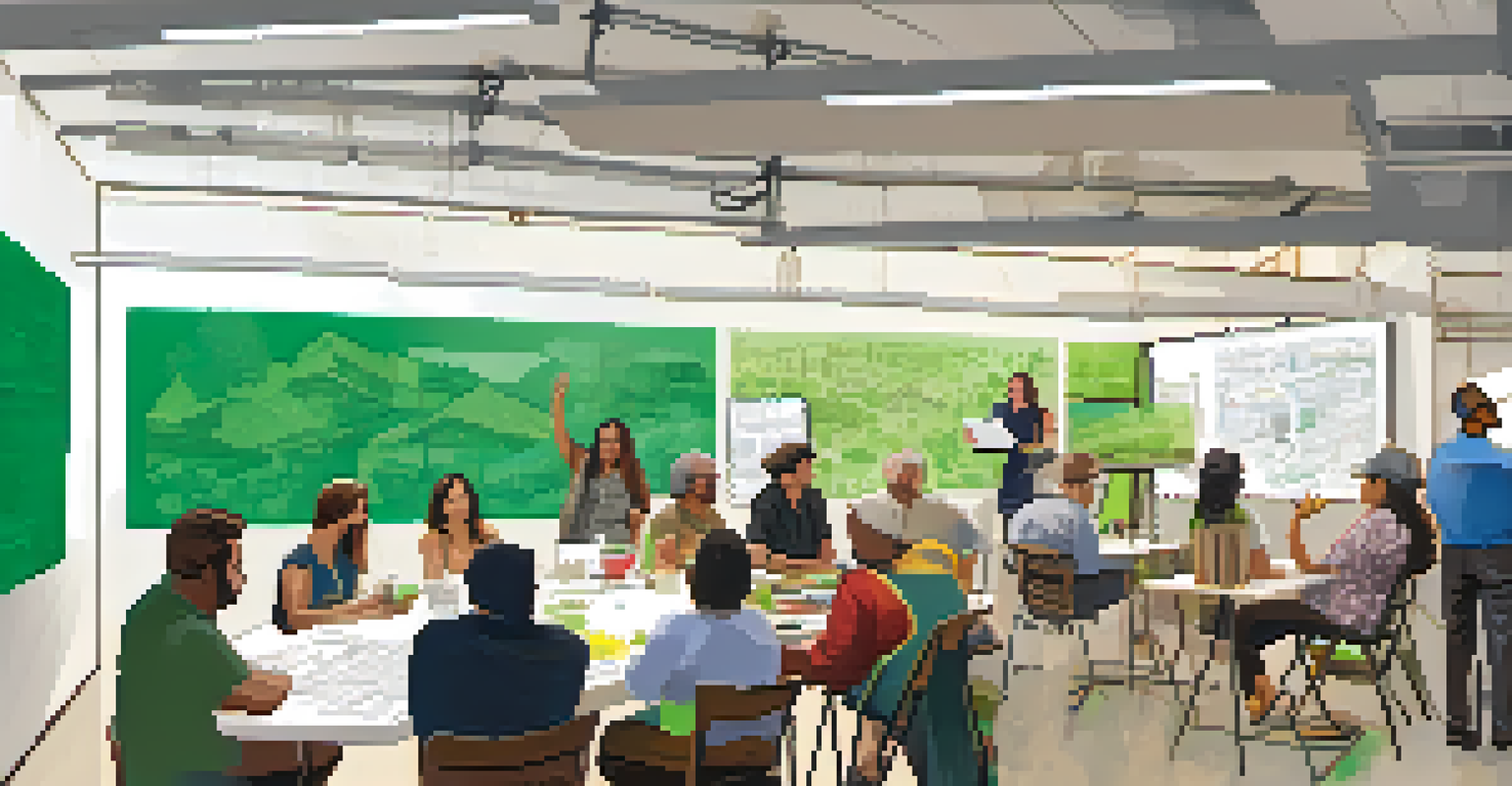 A community workshop in Tucson with residents discussing green building practices, surrounded by colorful posters and a whiteboard with ideas.