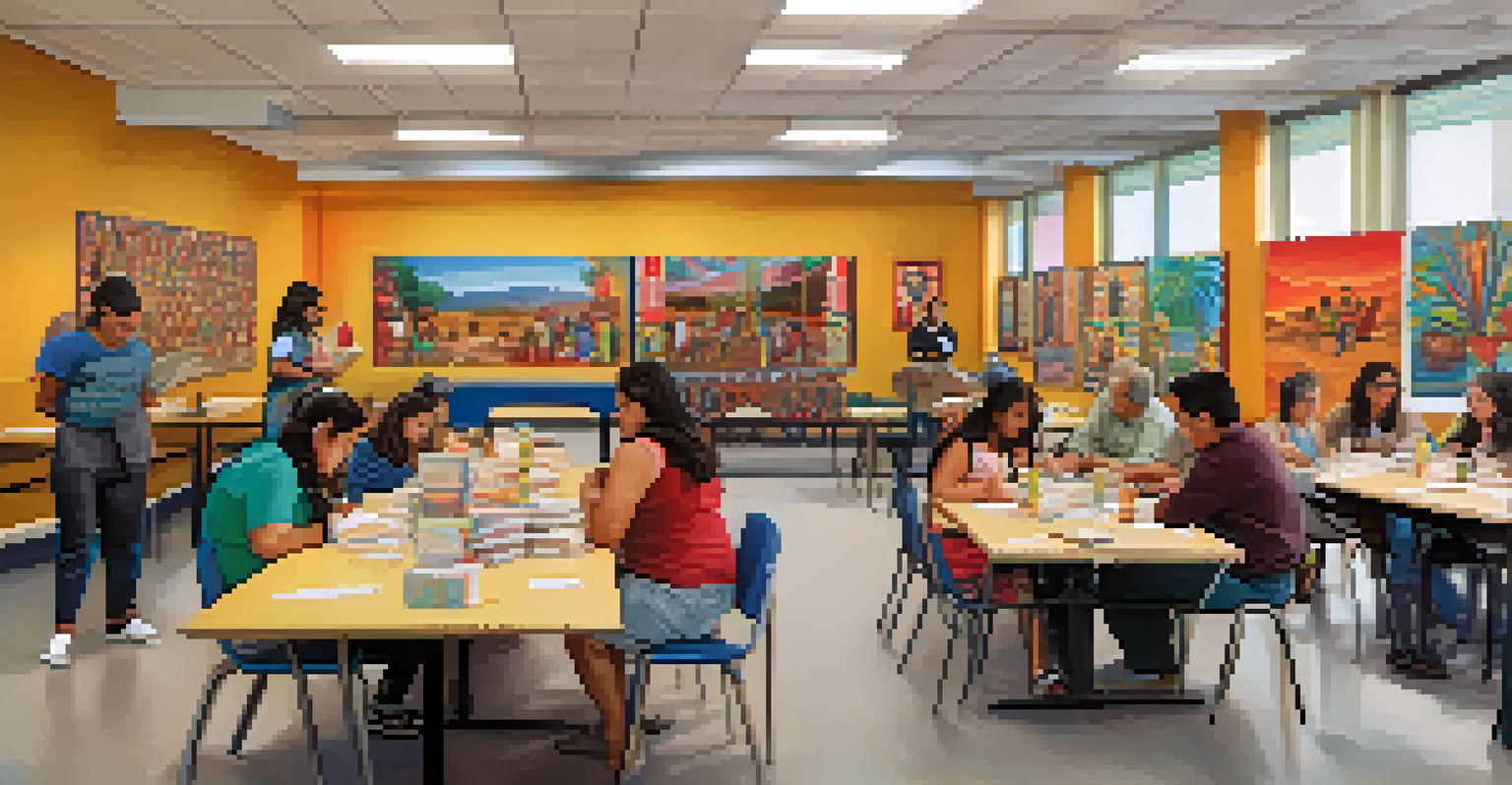 A community center in Tucson with a diverse group of people participating in a bilingual workshop, surrounded by cultural artwork.