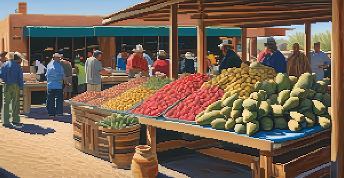 A bustling Tucson market filled with Indigenous ingredients like prickly pears and mesquite pods, with chefs discussing their culinary uses under warm sunlight.