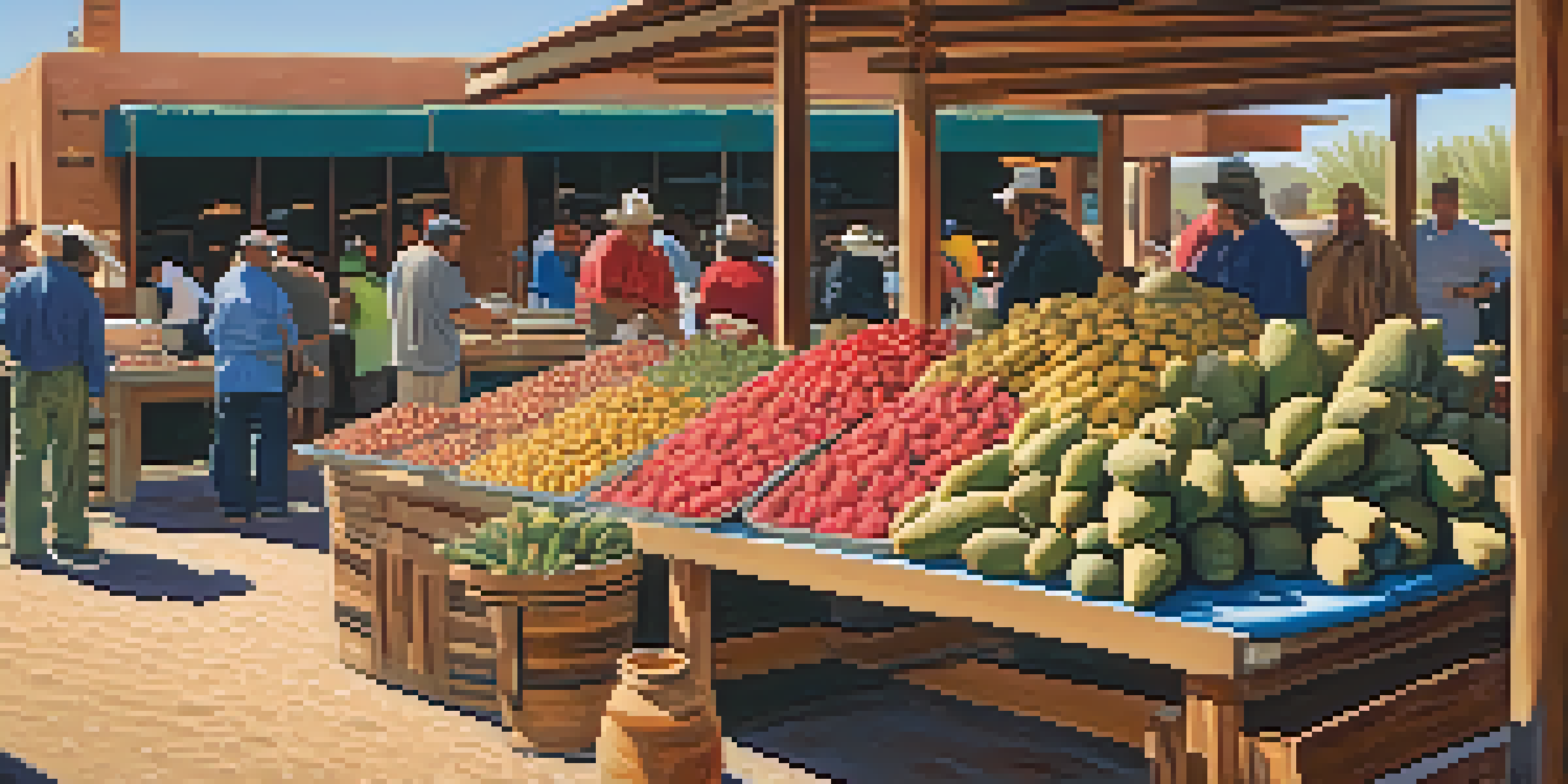 A bustling Tucson market filled with Indigenous ingredients like prickly pears and mesquite pods, with chefs discussing their culinary uses under warm sunlight.