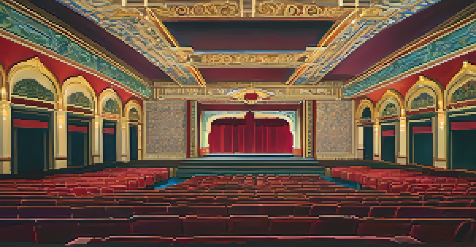 The interior of the Rialto Theatre, displaying its Spanish Colonial Revival and Art Deco design, with an audience seated in red seats.