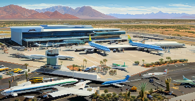 A panoramic view of Tucson International Airport with airplanes, passengers, and a modern terminal against a clear blue sky.