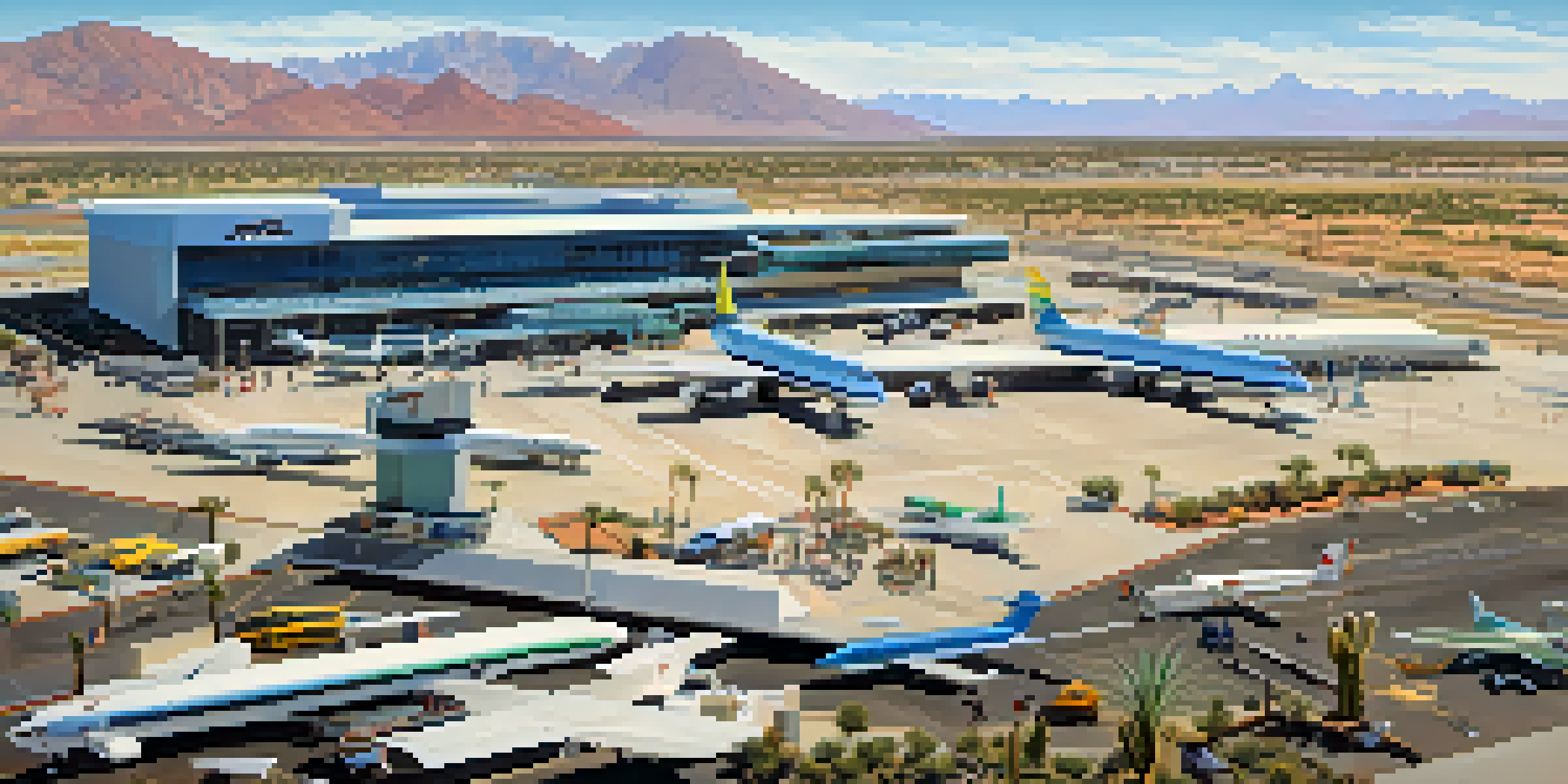 A panoramic view of Tucson International Airport with airplanes, passengers, and a modern terminal against a clear blue sky.