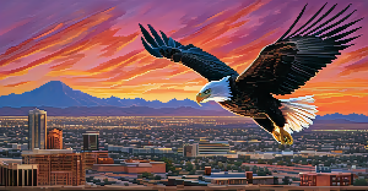 An American bald eagle soaring over the Tucson skyline at sunset with colorful skies.