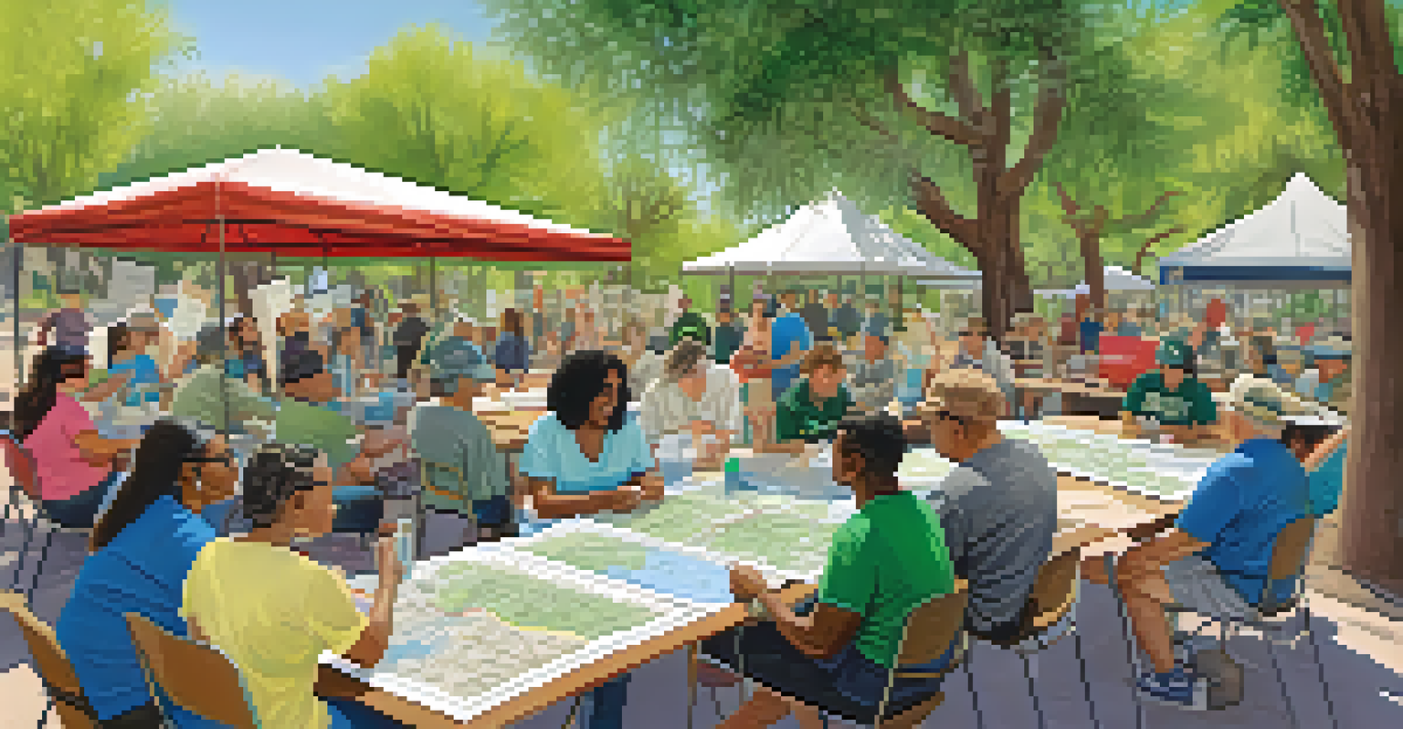 Residents participating in a community workshop in a park, discussing plans for green spaces with maps and papers on the table.