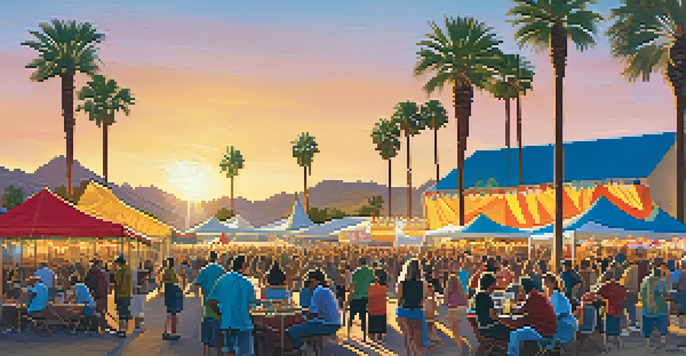 An outdoor music festival in Tucson with a diverse crowd, food vendors, and musicians performing on stage during sunset.