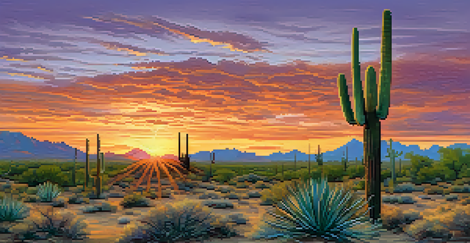 A panoramic view of the Sonoran Desert in Tucson during sunset, featuring a saguaro cactus and distant mountains.