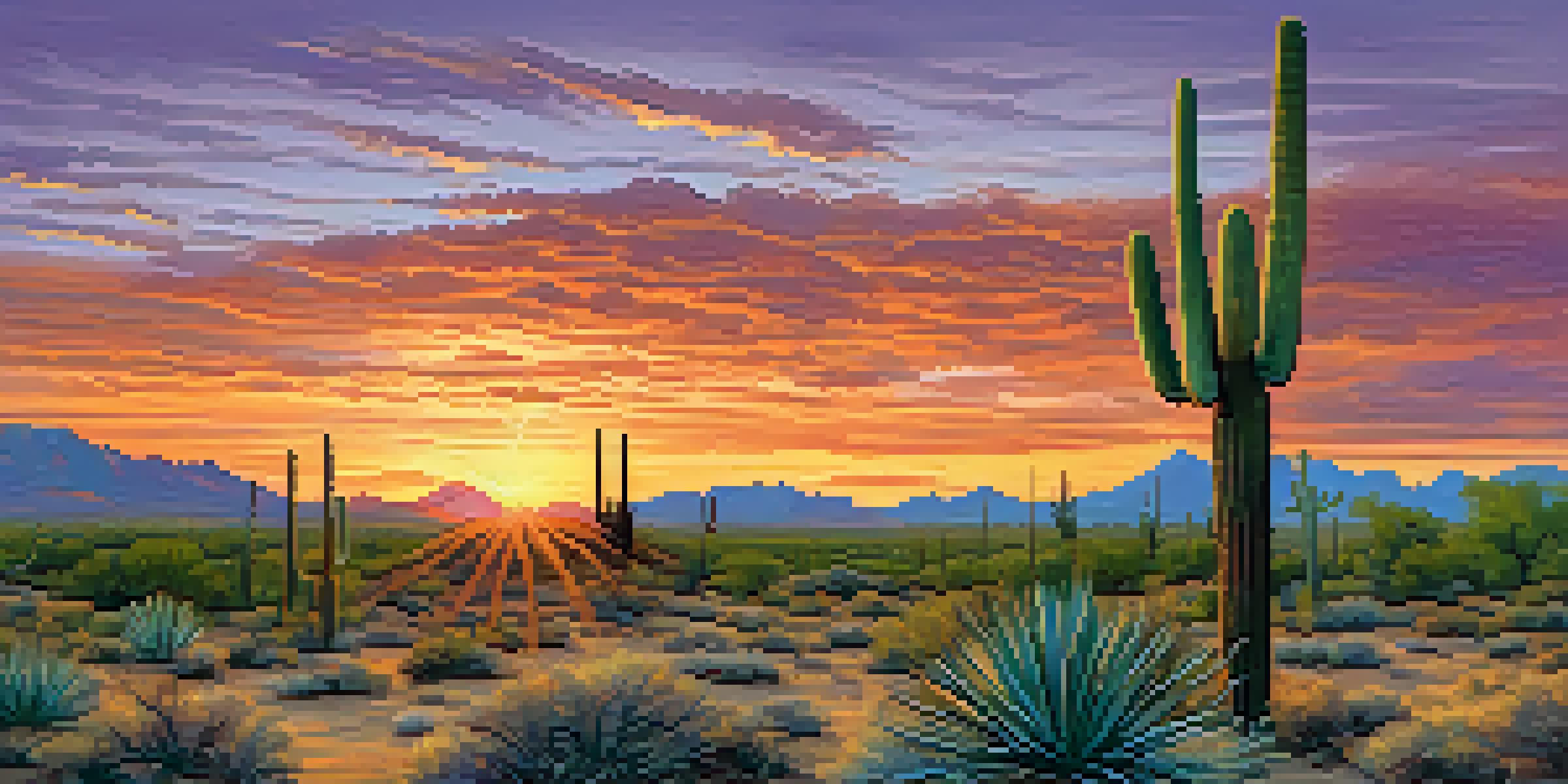A panoramic view of the Sonoran Desert in Tucson during sunset, featuring a saguaro cactus and distant mountains.