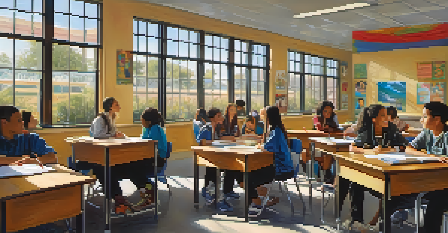 A diverse classroom in Tucson with students collaborating around a table, illuminated by sunlight from large windows.