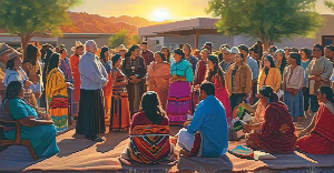 A community gathering in Tucson with Indigenous people telling stories, surrounded by colorful textiles and traditional clothing, illuminated by a warm sunset.