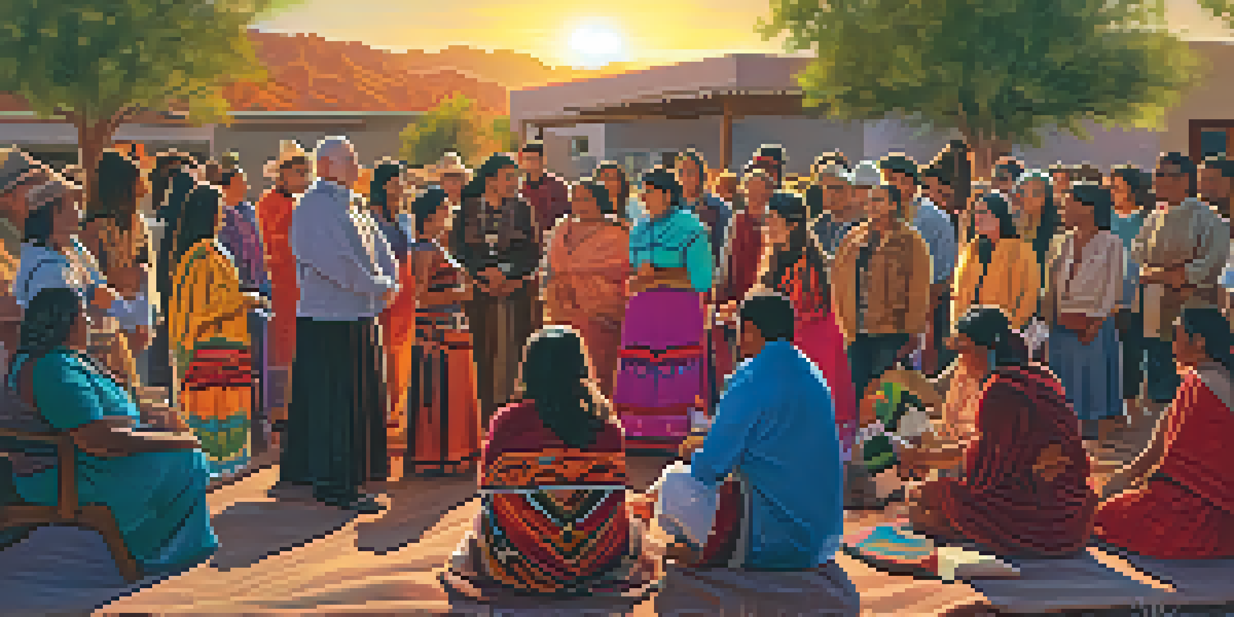 A community gathering in Tucson with Indigenous people telling stories, surrounded by colorful textiles and traditional clothing, illuminated by a warm sunset.