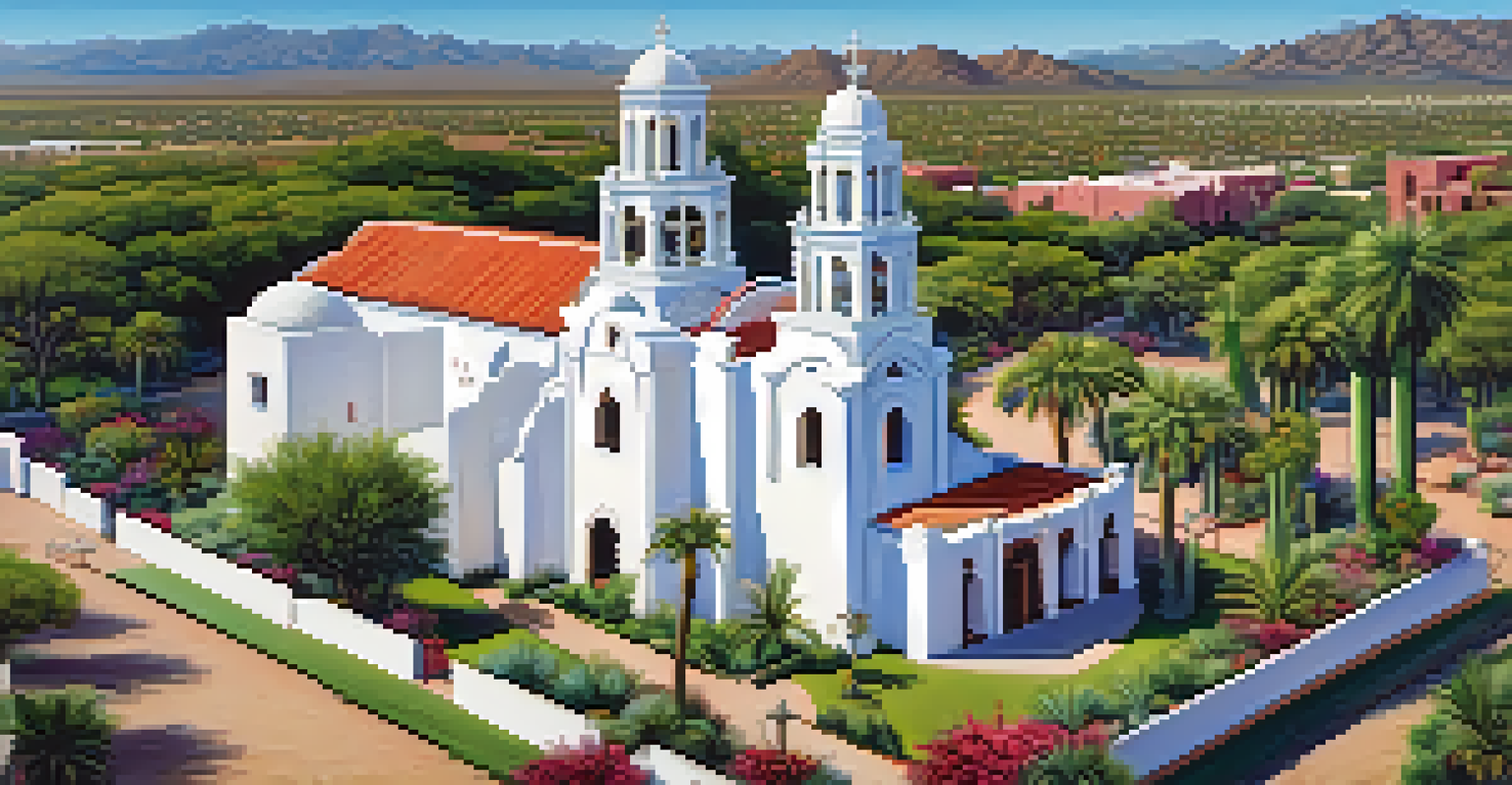 Aerial view of Mission San Xavier del Bac with gardens and clear sky.