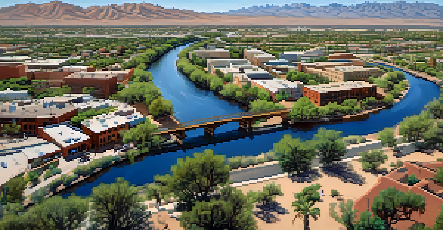 An aerial view of the Santa Cruz River surrounded by urban areas, with cyclists and hikers on trails.