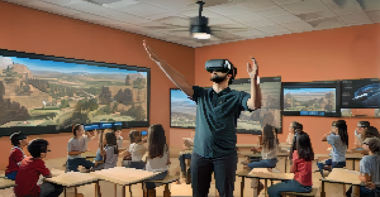 A teacher guiding students in a virtual reality lesson, with students wearing VR headsets and interactive displays in the classroom.