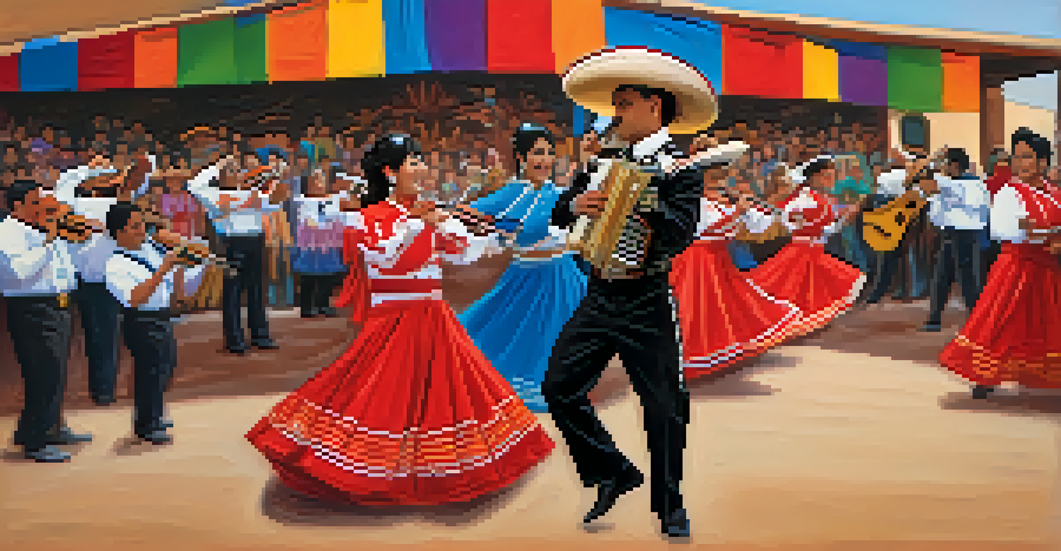 A mariachi band performing lively music on stage with an engaged crowd dancing along.