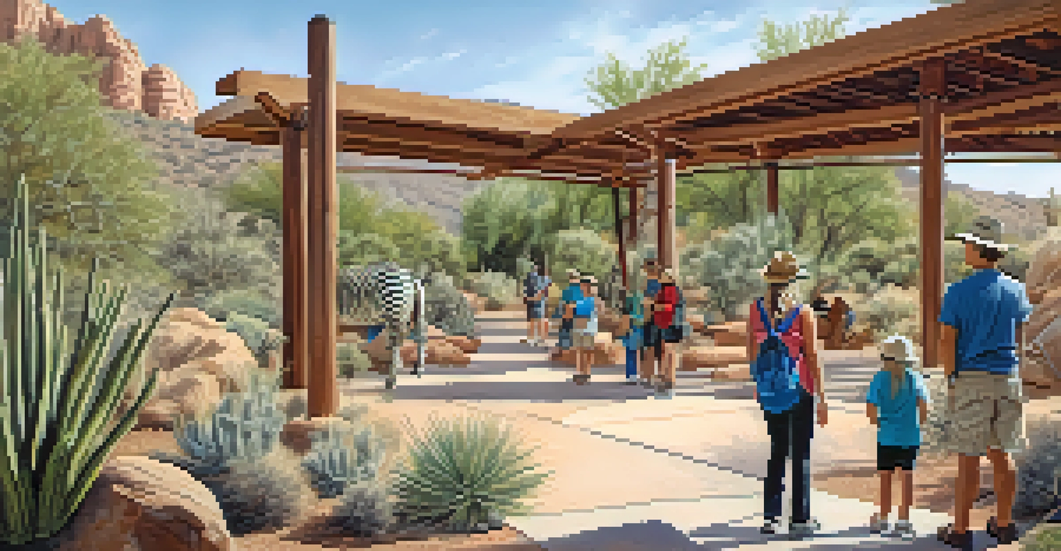 A lively outdoor exhibit at the Arizona-Sonora Desert Museum, with visitors observing native animals and plants.