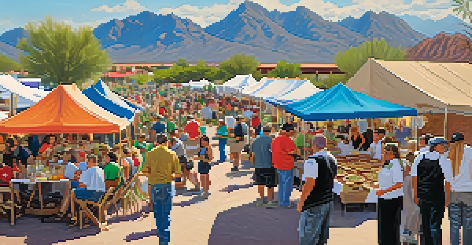 A bustling culinary festival in Tucson with chefs cooking and attendees enjoying diverse dishes, set against the mountains.